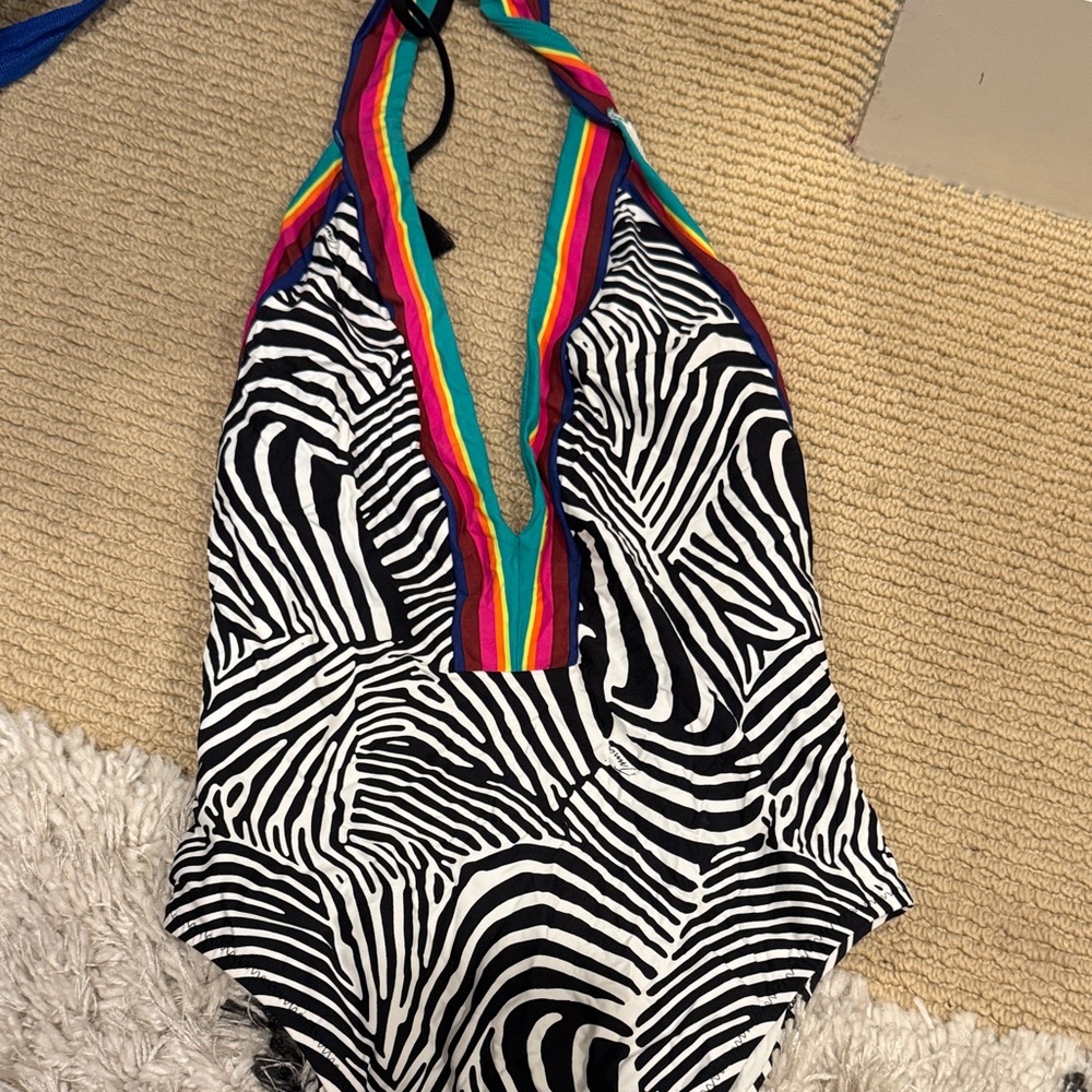 Trina Turk Zebra Print One Piece with Rainbow Trim